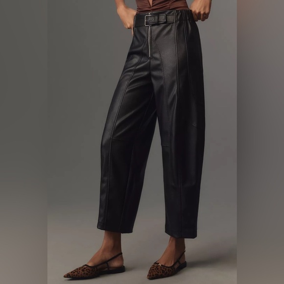 NWT by Anthropologie Black Vegan Leather Belted Barrel Pants Size XL - Picture 2 of 9
